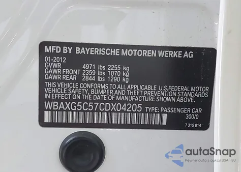 2012 BMW 528I I from USA, damaged, VIN WBAXG5C57CDX04205